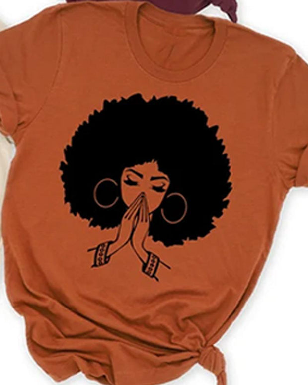 Cotton black girl cartoon print ladies short-sleeved T-shirt