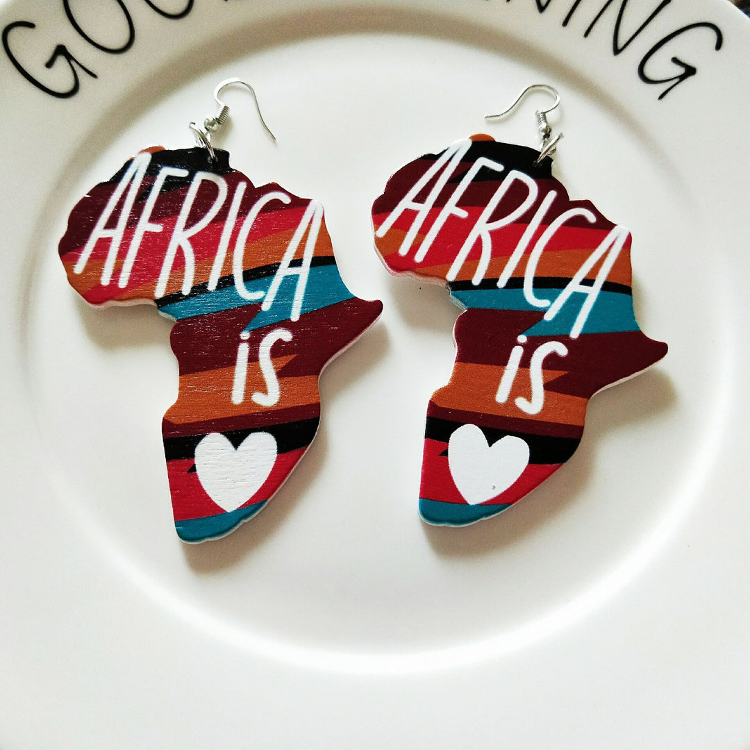 Exaggerated African Head Geometric Map Wooden Earrings