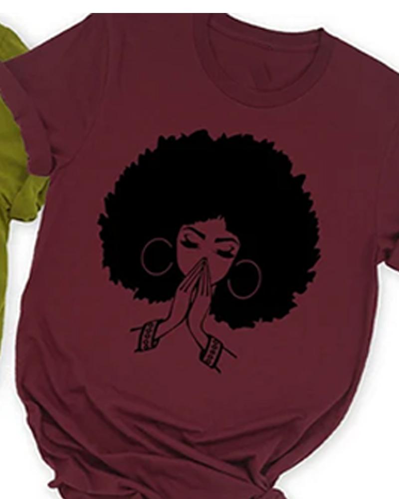 Cotton black girl cartoon print ladies short-sleeved T-shirt