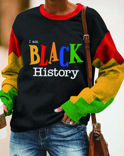 Black History Month Women's Color Contrasting Sleeve Print Crew Neck Top