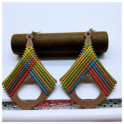 Simple retro wood wrapped with thread, wooden diamond shaped hollow geometric earrings