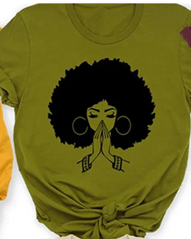 Cotton black girl cartoon print ladies short-sleeved T-shirt