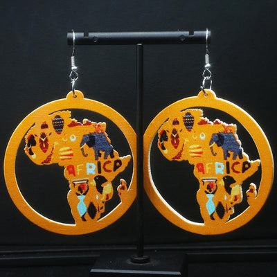 Africa Map Geometric Round Wooden Earrings