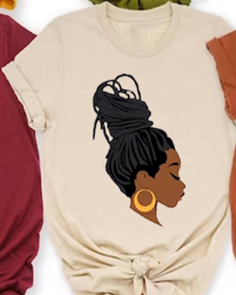 African women's head portrait high ponytail printed short sleeved T-shirt