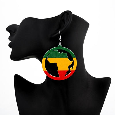 African Map Painted Color Block Printed Wooden Earrings