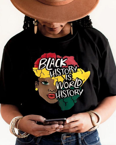 Black History Month Alphabet Girl Head Print Crew Neck Ladies T-Shirt