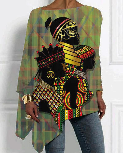 African plaid printing word collar irregular hem top