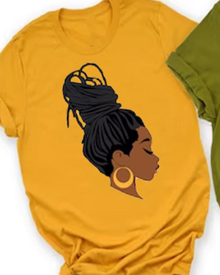 African women's head portrait high ponytail printed short sleeved T-shirt