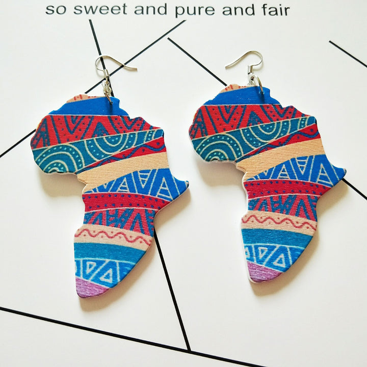 Exaggerated African Head Geometric Map Wooden Earrings