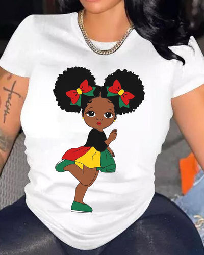 Black little girl print short-sleeved T-shirt