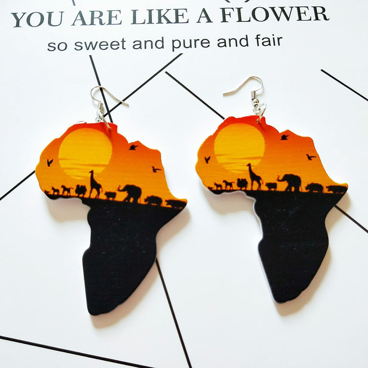 Exaggerated African Head Geometric Map Wooden Earrings