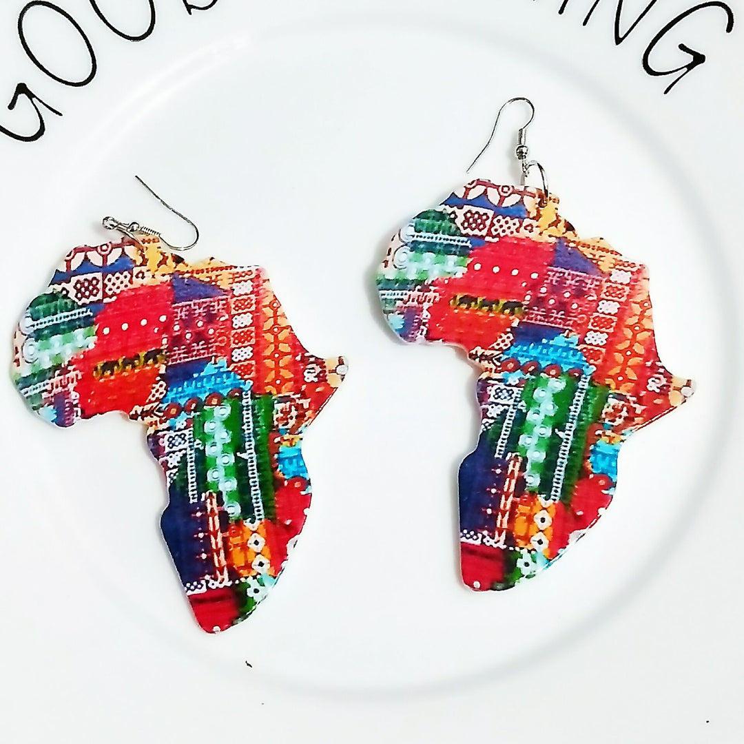 Exaggerated African Head Geometric Map Wooden Earrings