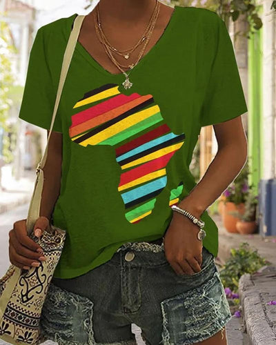 Women's Reggae Print Short Sleeve V Neck T-Shirt