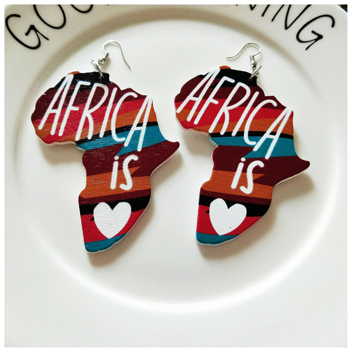 Exaggerated African Head Geometric Map Wooden Earrings