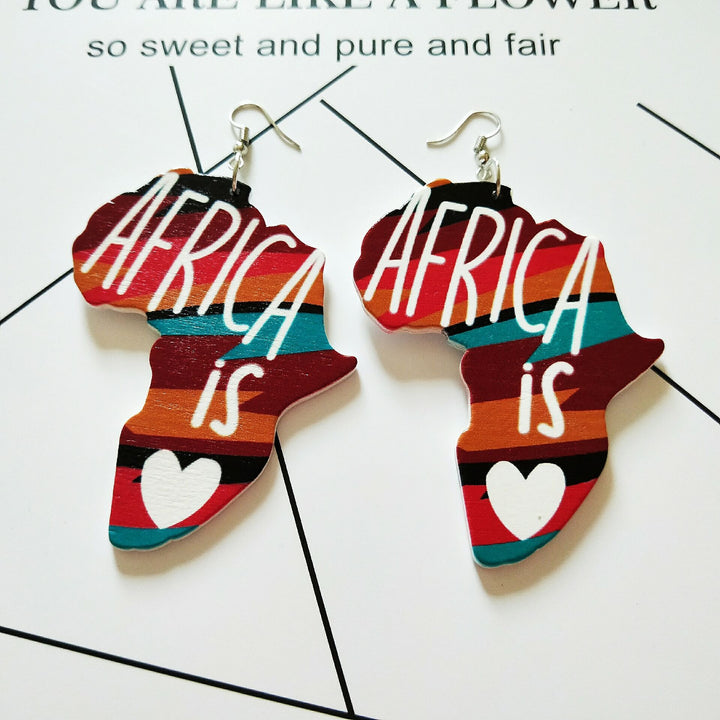 Exaggerated African Head Geometric Map Wooden Earrings