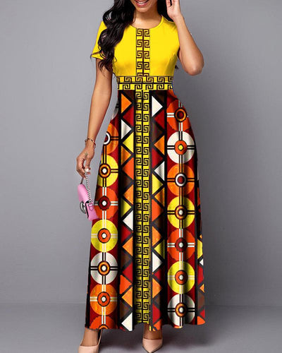 African Fashion Stitching Print Round Neck Long Sleeve Dress