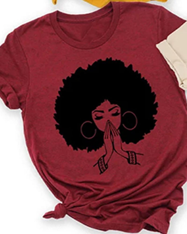 Cotton black girl cartoon print ladies short-sleeved T-shirt