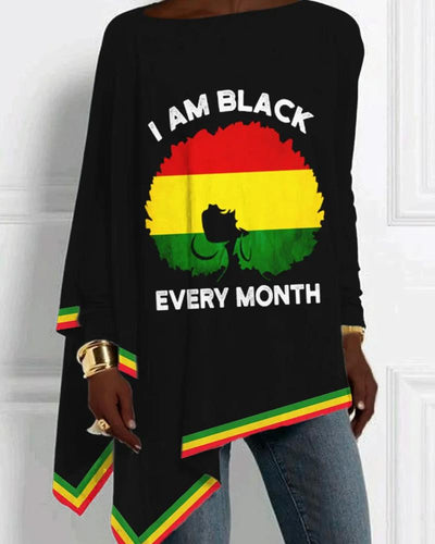 I Am Black Printed Irregular Hem Women's Top