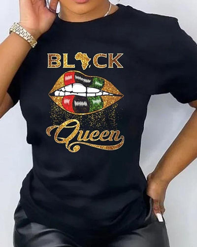 Black Queen Print Round Neck Short Sleeve T-Shirt