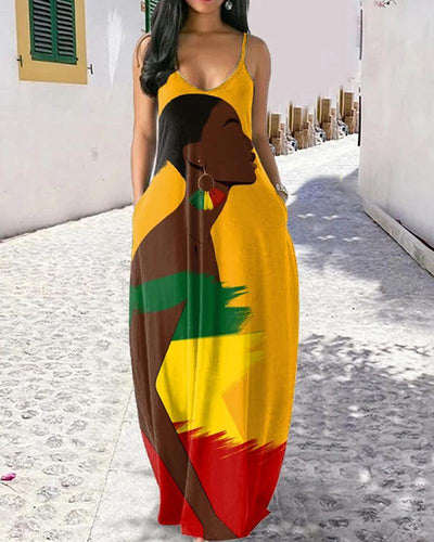 Black-skinned African girl printed suspender dress