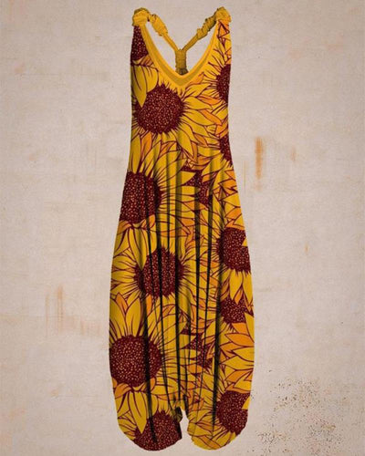 Vintage Sunflower Print Loose Jumpsuit