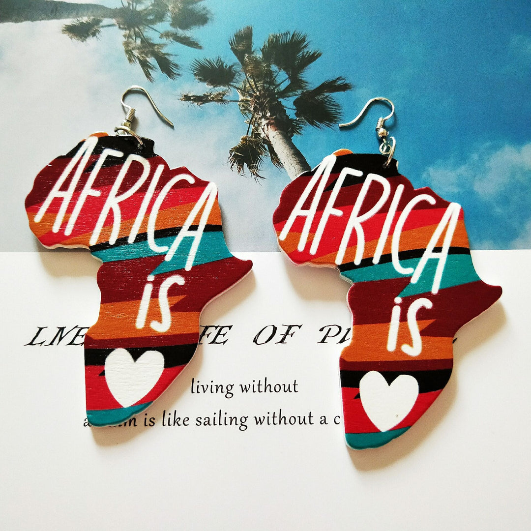 Exaggerated African Head Geometric Map Wooden Earrings