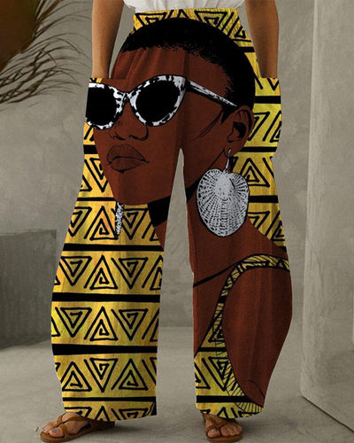 Black girl contrast print pocket wide leg pants