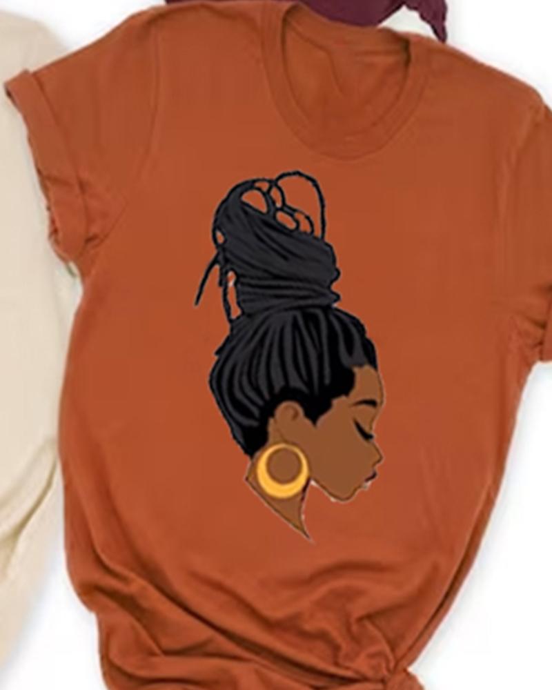 African women's head portrait high ponytail printed short sleeved T-shirt