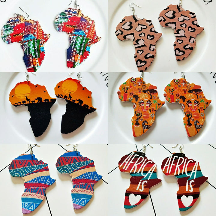 Exaggerated African Head Geometric Map Wooden Earrings