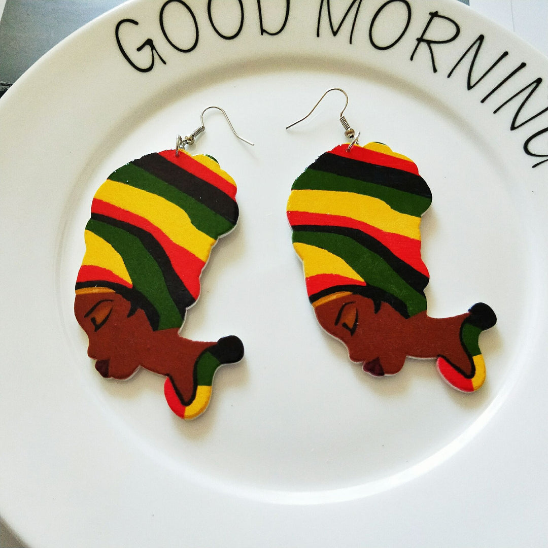 African Figures Round Wooden Earrings