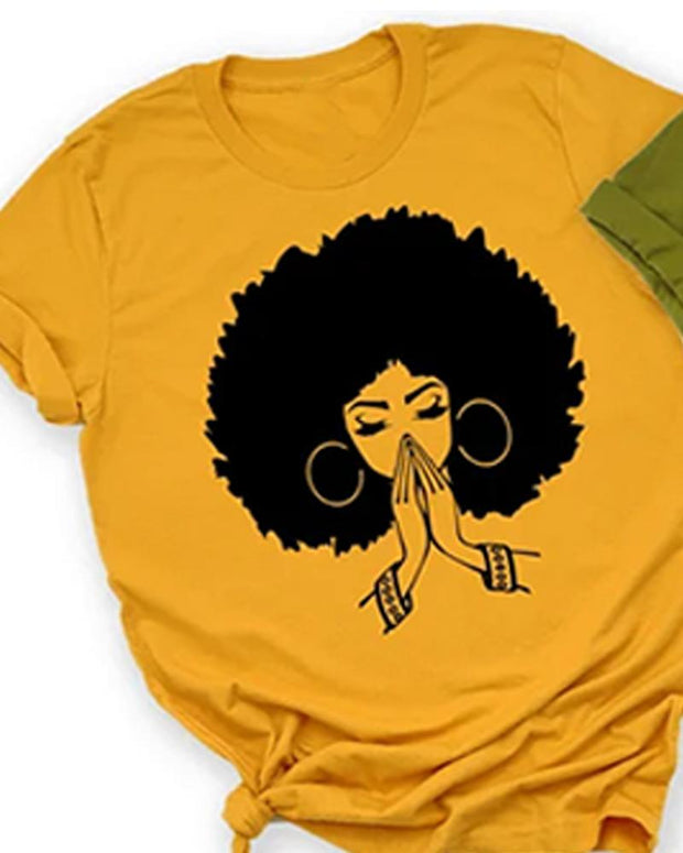 Cotton black girl cartoon print ladies short-sleeved T-shirt
