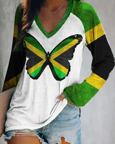 Jamaican Butterfly Print V-Neck Ladies Top