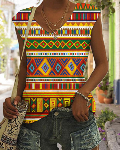 Colorful ethnic print V-neck sleeveless vest
