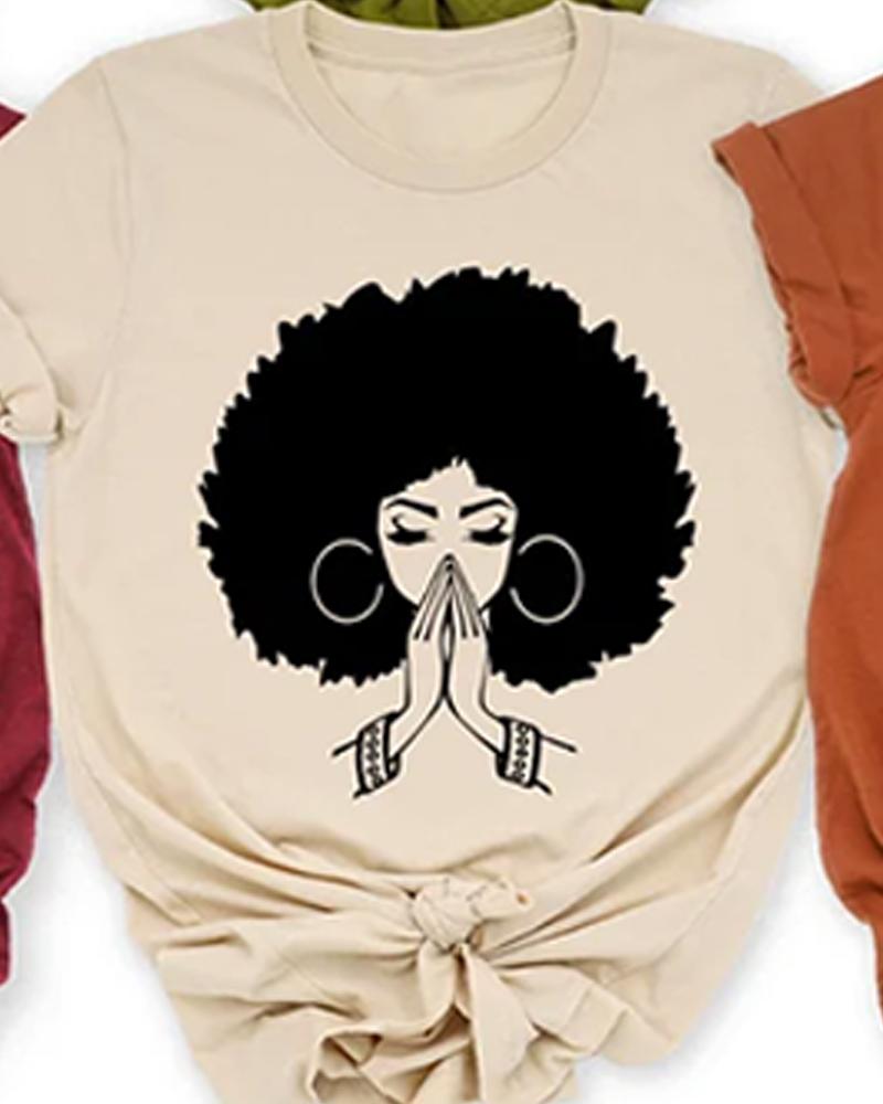 Cotton black girl cartoon print ladies short-sleeved T-shirt