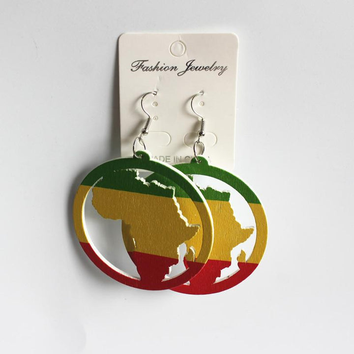 African Map Painted Color Block Printed Wooden Earrings