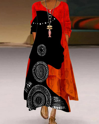 Vintage African Girl Printed Round Neck Long Sleeve Dress
