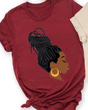 African women's head portrait high ponytail printed short sleeved T-shirt
