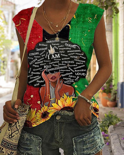 Personalized color-blocking black girl's head print V-neck sleeveless vest