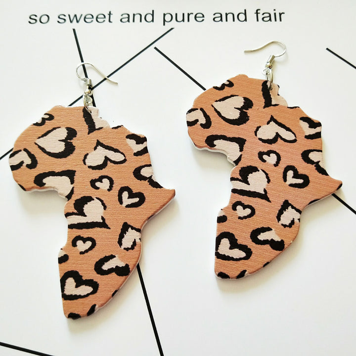 Exaggerated African Head Geometric Map Wooden Earrings