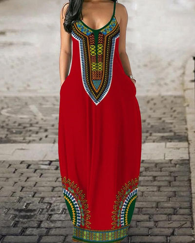 African ethnic style printed suspender dress