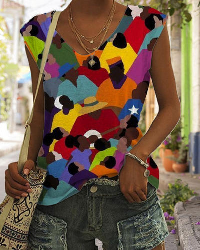 Contrasting color black personality print V-neck sleeveless vest