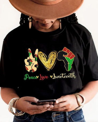 Women's Peace Love Juneteenth Glitter Print T Shirt
