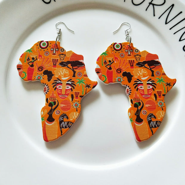 Exaggerated African Head Geometric Map Wooden Earrings