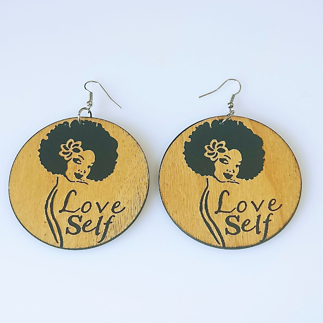 Geometric African Black Engraved Round Earrings