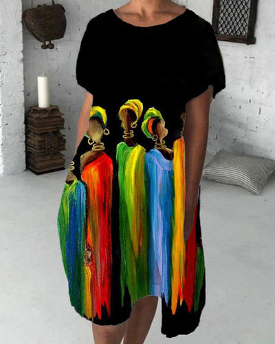 Contrasting color black girl print short-sleeved dress