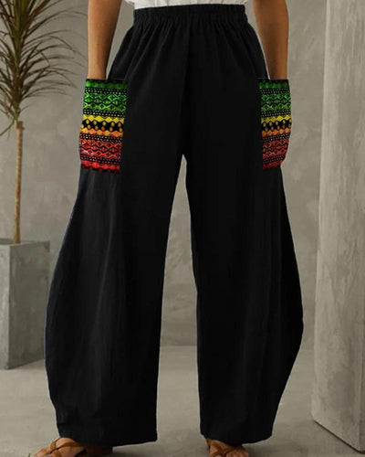 Black Pride Ethnic Patch Pocket Wide Leg Pants