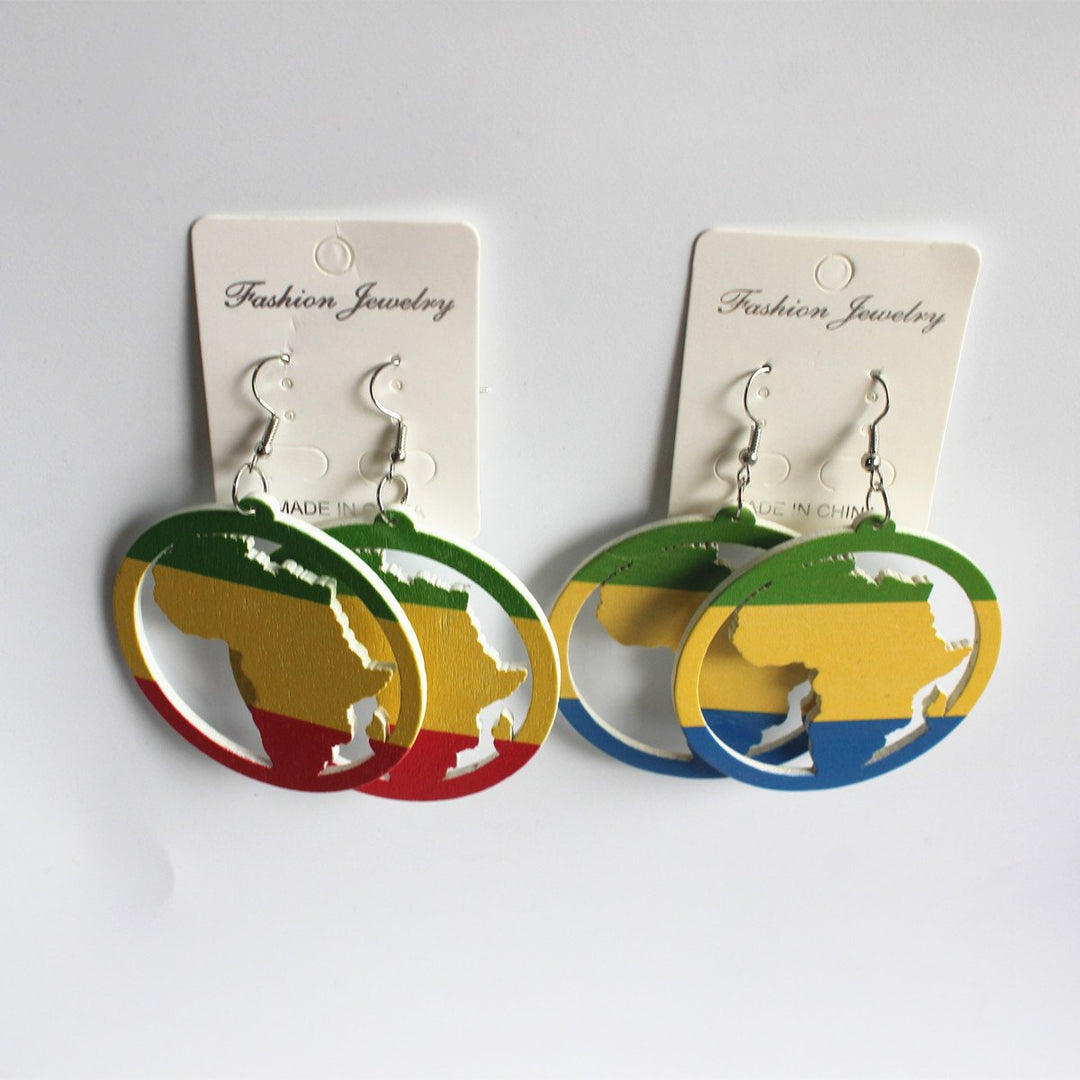 African Map Painted Color Block Printed Wooden Earrings