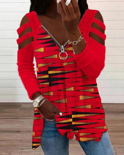 African Inspired Fashion Print Cutout Shoulder Zip T Shirt