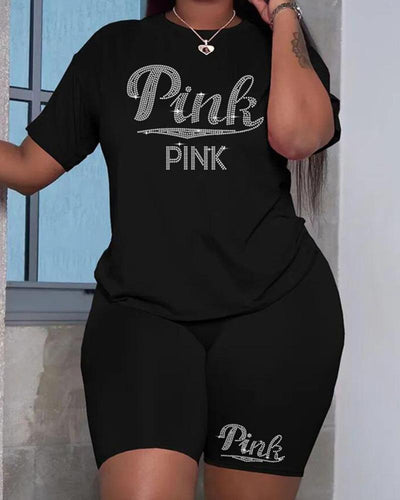 PINK Letter Hot Diamond Round Neck T-Shirt with Cropped Pants Ladies Set