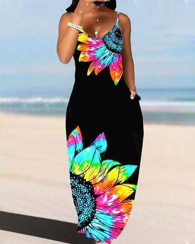 Vacation Style Gradient Color Flower Print Suspender Casual Long Dress